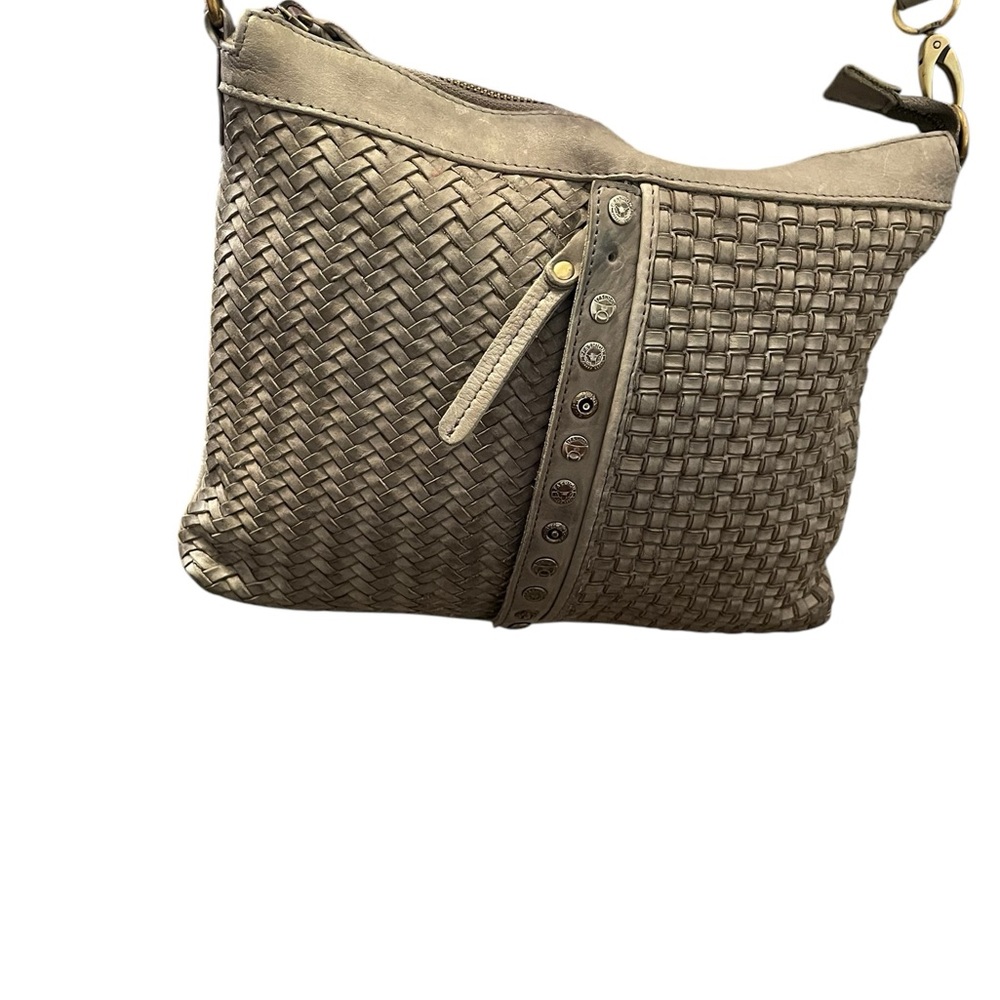 Authentic Milo Tan Crossbody Bag with Woven Texture and Zipper Closure